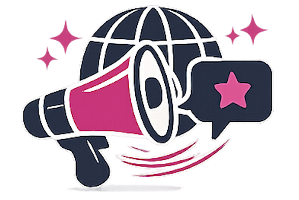 A megaphone with a globe in the background and sparkles around, along with a speech bubble containing a star.