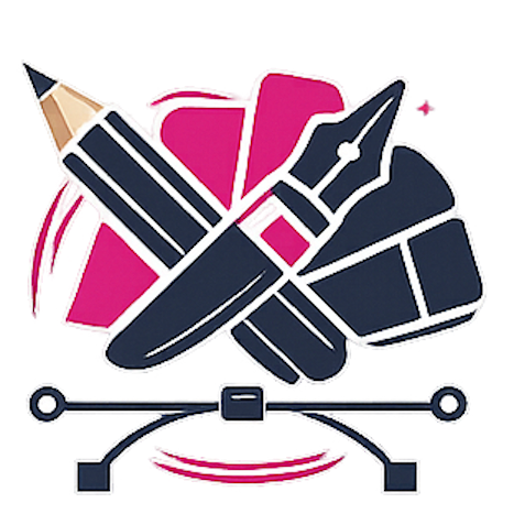 Graphic illustration of various writing and drawing tools including a pencil, pen, marker, and brush arranged in an overlapping pattern with a pink background element.