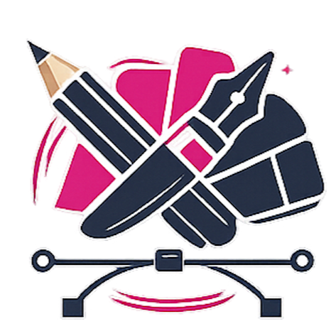 Graphic design featuring a pencil, pen, and makeup brushes with pink accents, arranged on a digital drawing tablet.