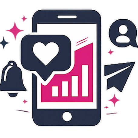 Smartphone with social media icons, a heart notification, a bell, and a graph indicating growth.