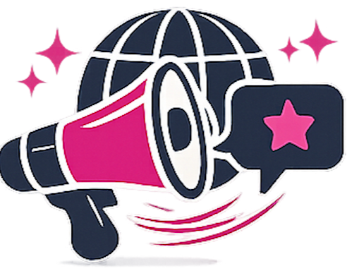 A megaphone, globe, and speech bubble with a star, surrounded by sparkles, representing global communication and announcements.