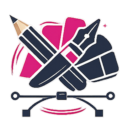 Graphic design featuring a pencil, fountain pen, and paintbrush crossing over a pink shape, with a stylized editing or balancing scale below.