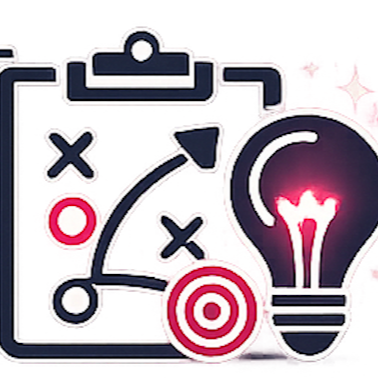 Graphic of a clipboard with a playbook, a lightbulb, a target, and strategic markings.