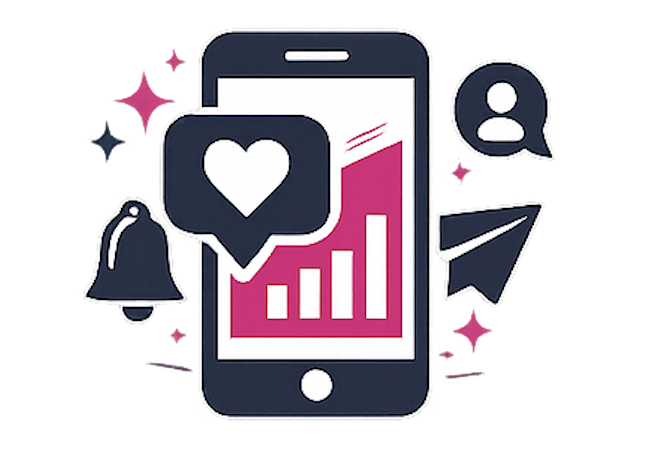 Smartphone displaying social media icons, including a heart, notification bell, user profile, and paper plane, with a pink rising chart indicating growth.