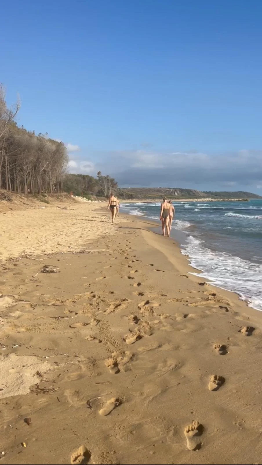 Plage de sable avec deux femmes marchant près de l'eau, bordée par des arbres et un ciel bleu avec quelques nuages.