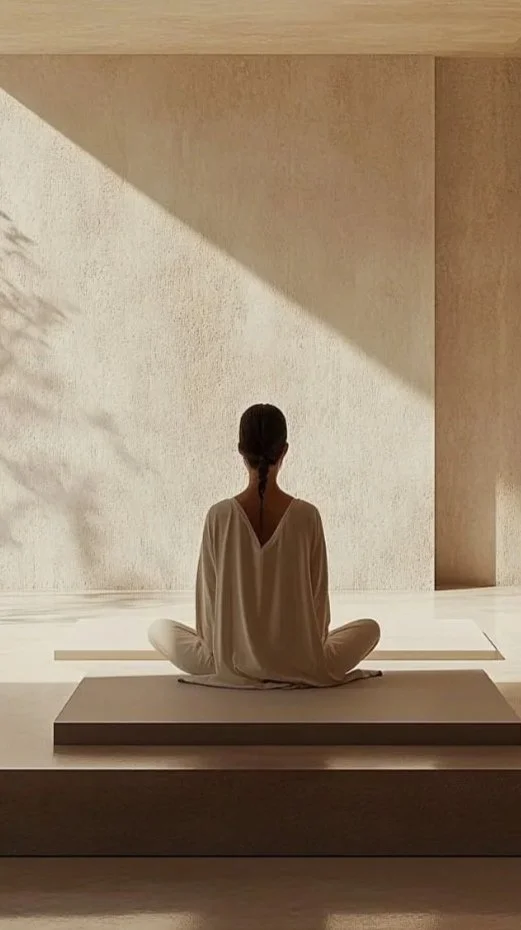 Femme assise en méditation dans une pièce minimaliste avec lumière naturelle