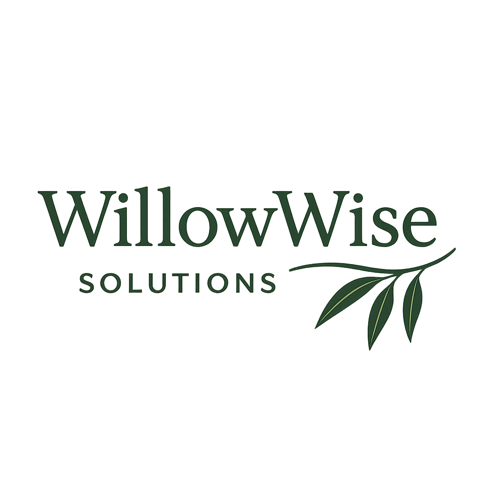 Logo for WillowWise Solutions featuring the company name in green text and a stylized leaf design.