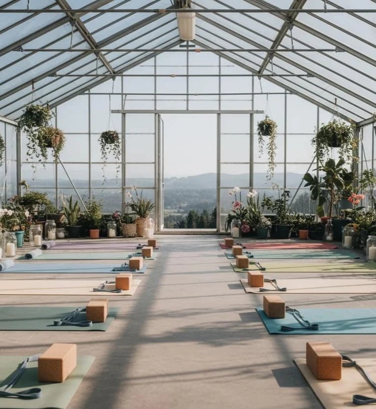 Eine Yoga- oder Meditationshalle mit Blick auf die Natur, gefüllt mit Yoga-Matten, Blöcken und Gurten, umgeben von Pflanzen.