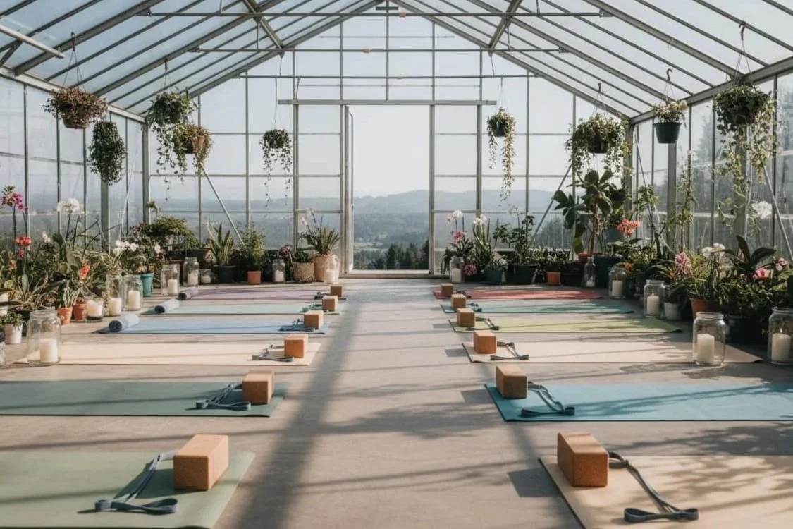 Innenansicht eines Gewächshauses mit Yoga-Matten, Weckgläsern mit Kerzen und Pflanzen