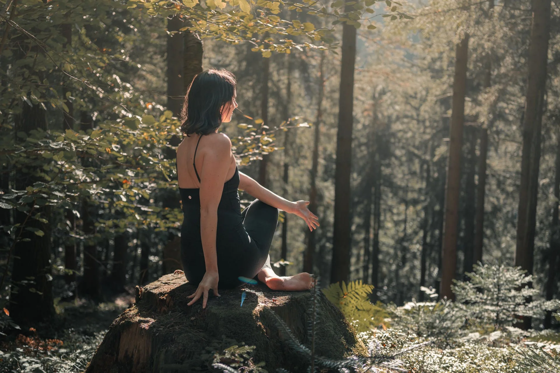 Eine Frau in einer schwarzen Kleidung sitzt auf einem Baumstumpf im Wald, umgeben von Bäumen und grünen Blättern, bei Sonnenlicht.