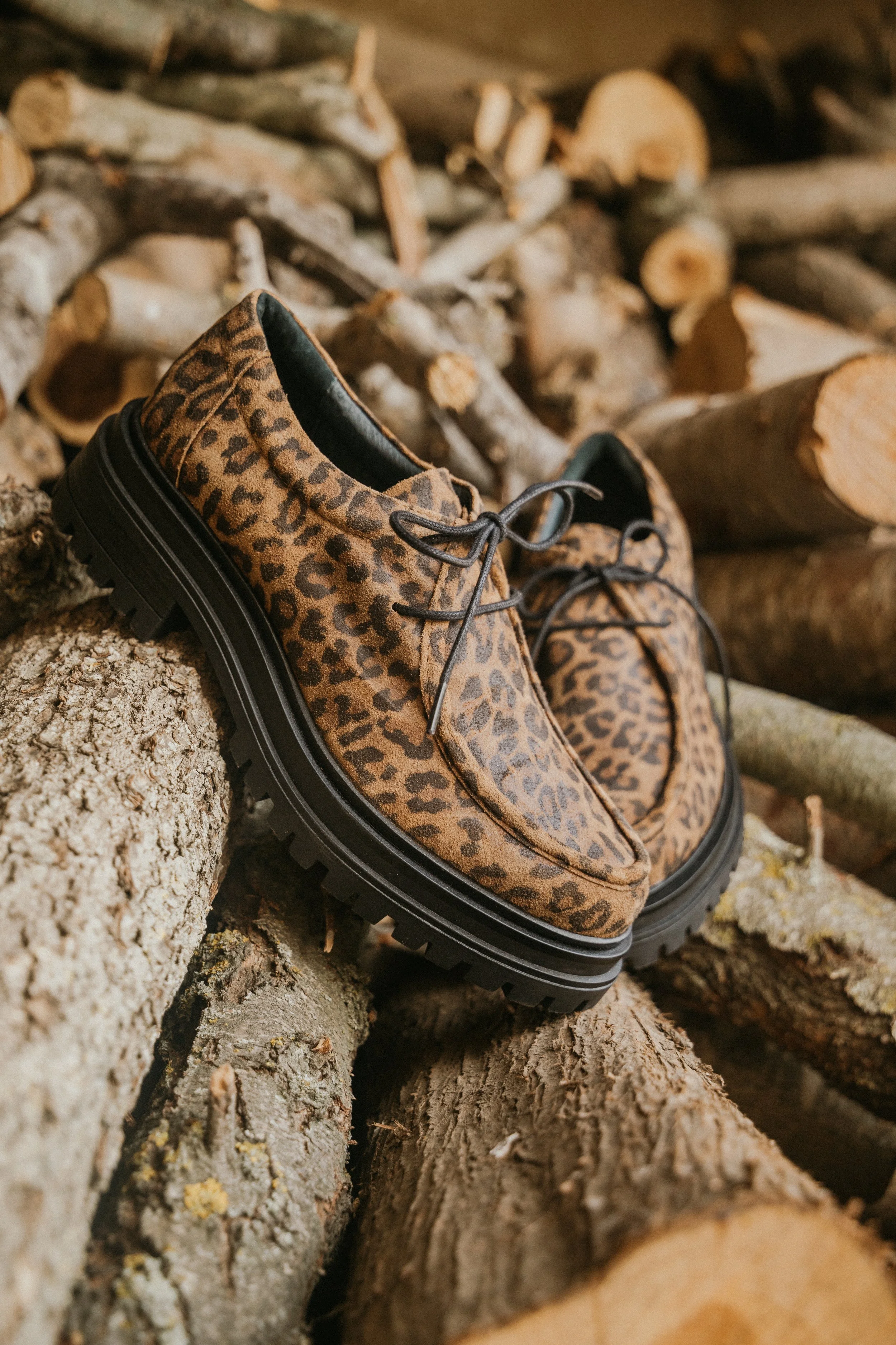 Chaussures à motif léopard sur des rondins de bois