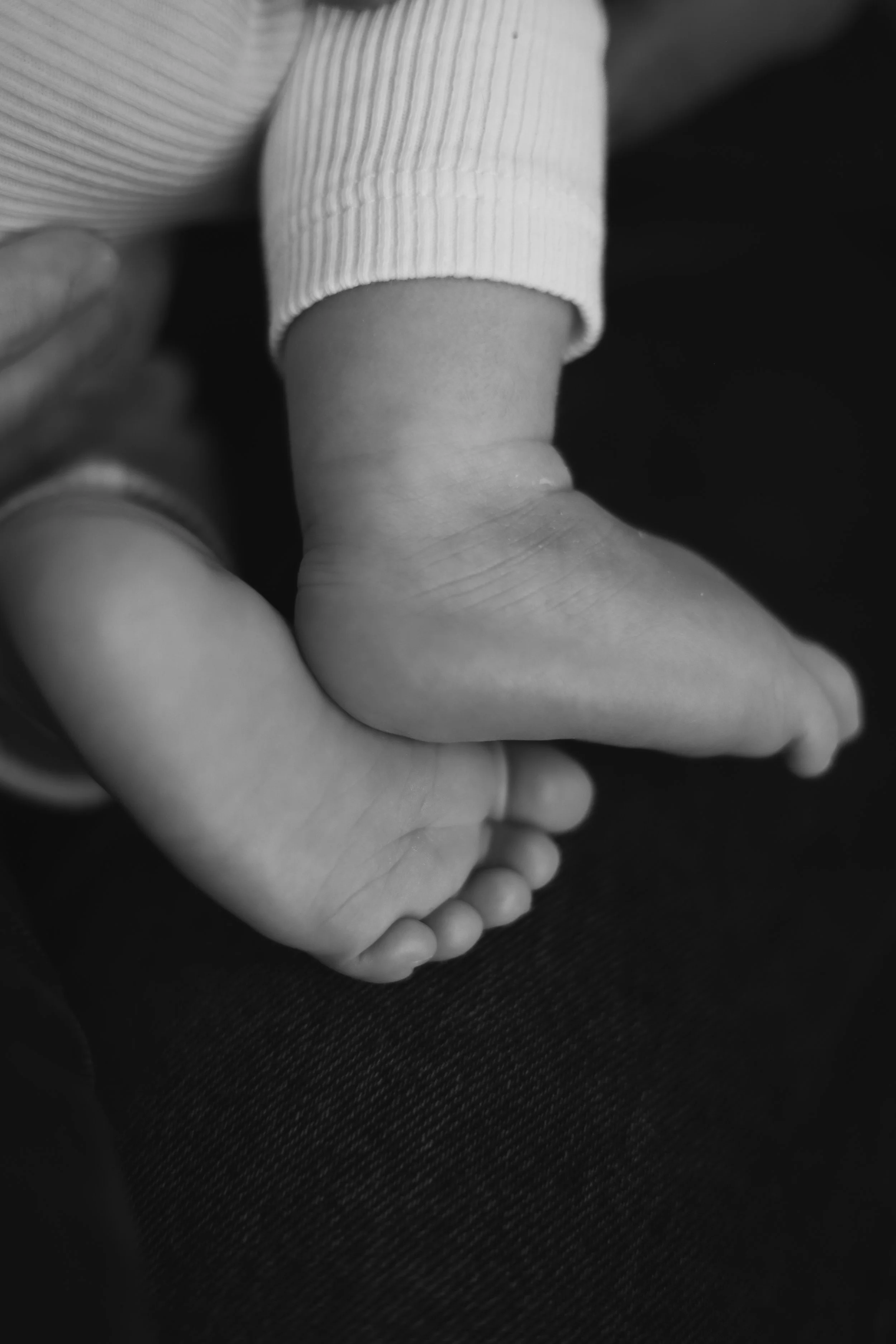 Close-up d'une main d'enfant tenant une main d'adulte, en noir et blanc.