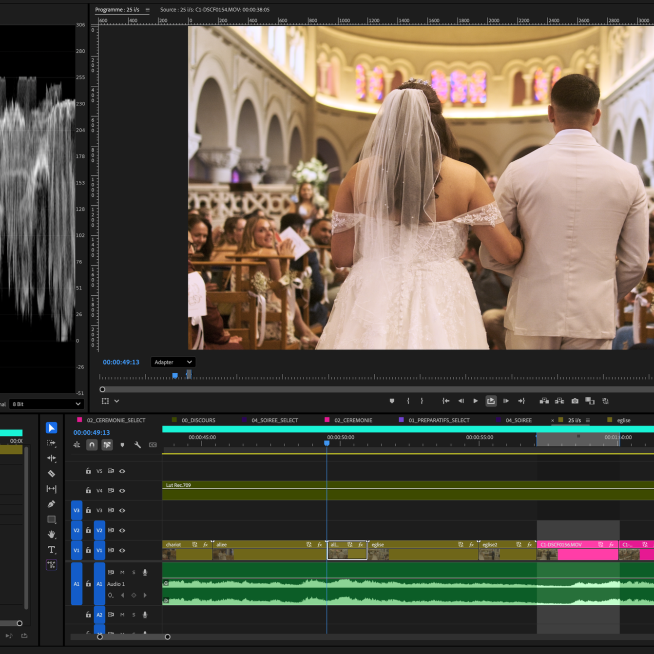 mariée entrant dans l'église depuis premiere pro