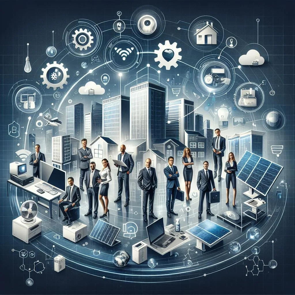 A digital illustration of business professionals standing in an urban environment with high-tech icons and symbols representing connectivity, technology, and innovation.