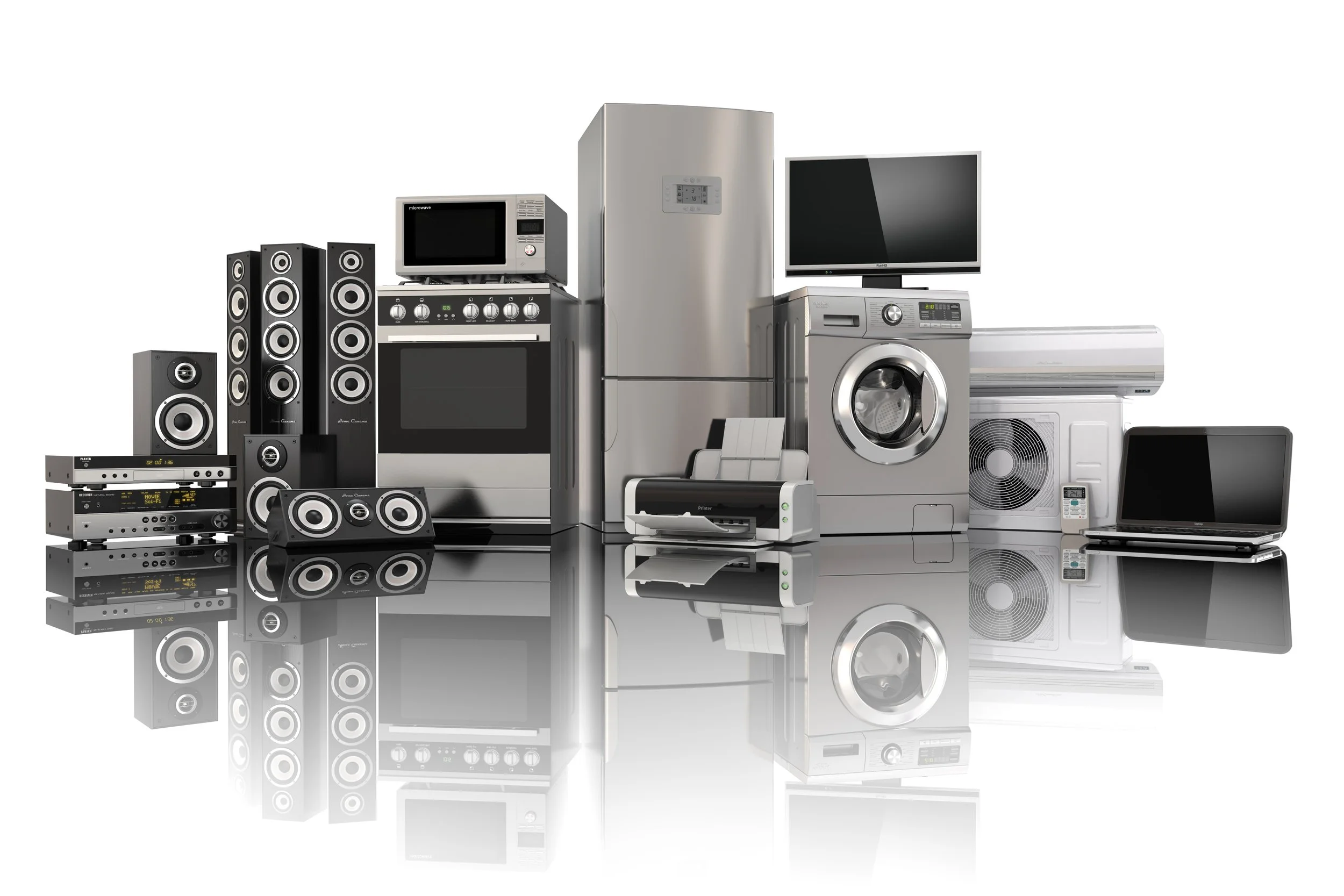 Collection of various home appliances including a refrigerator, microwave, oven, washing machine, air conditioner, television, and audio speakers, all in silver and black.