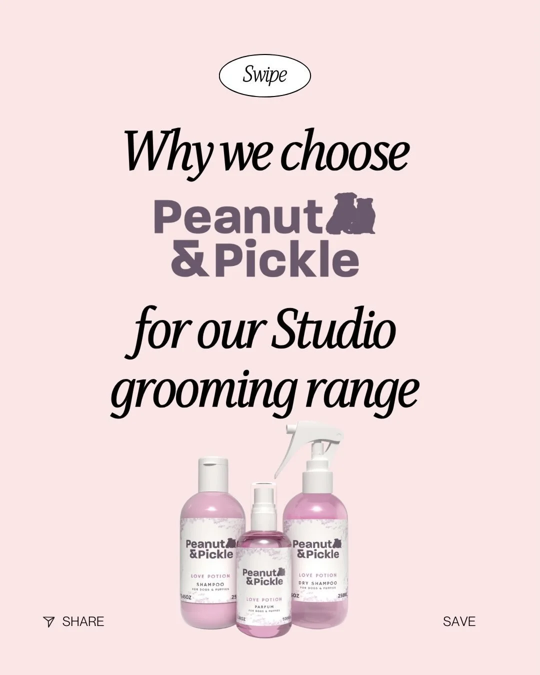 At Groom Studios, we&rsquo;re intentional about every product we use on your dog 🐾
That&rsquo;s why we use @peanutandpicklecompany products in our studio 💗

Their products are:
🌿 Vegan 🐰 Cruelty-free ♻️ Palm-oil free &amp; sustainably made 🧴 Han