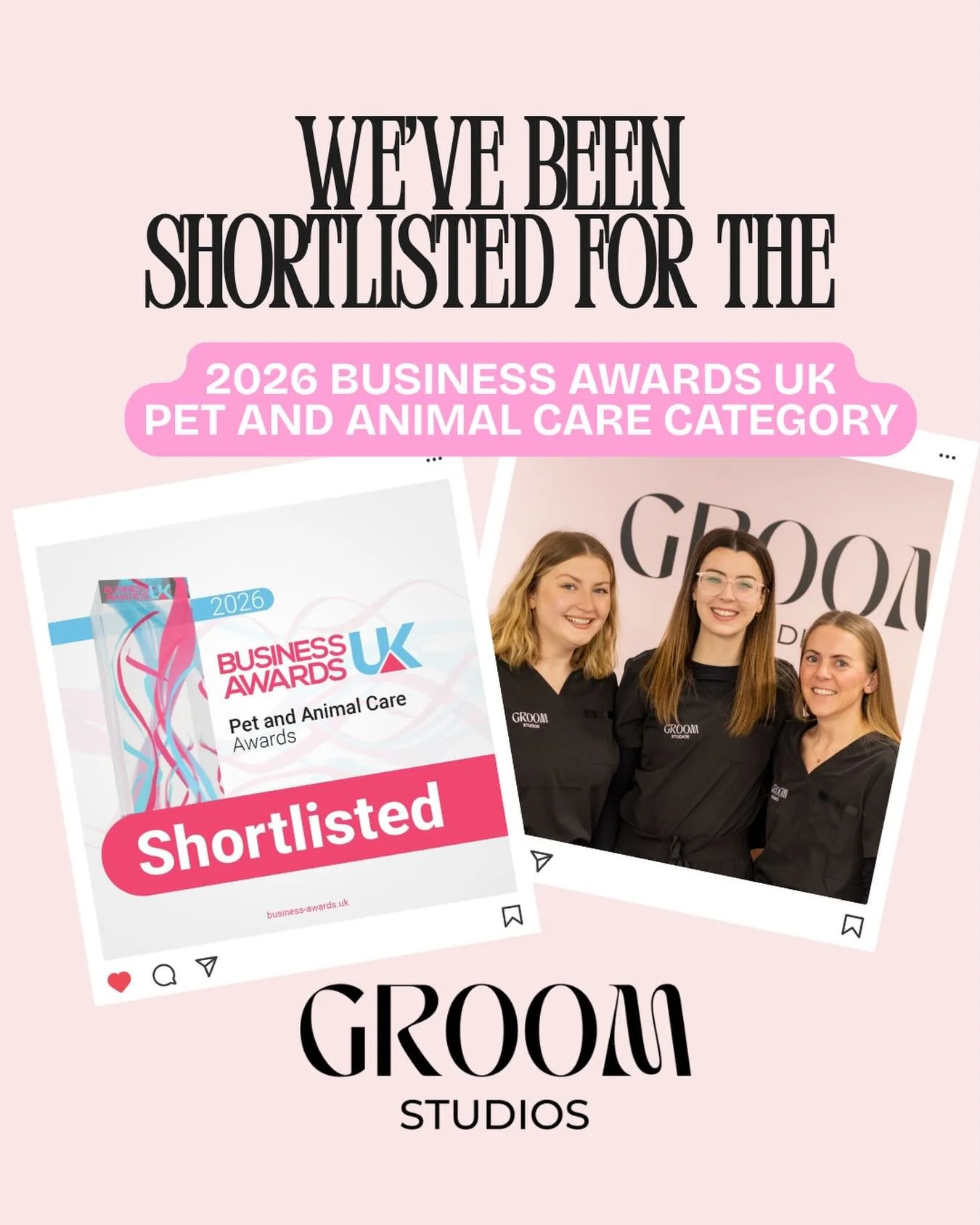Shortlisted and fully in our glow up era🏆🎀🐾
Groom Studios is officially shortlisted for the 2026 UK Business Awards for the category Pet &amp; Animal Care Awards ✨
Proof that your pups are getting the award nominated treatment they deserve 💅 
Tha