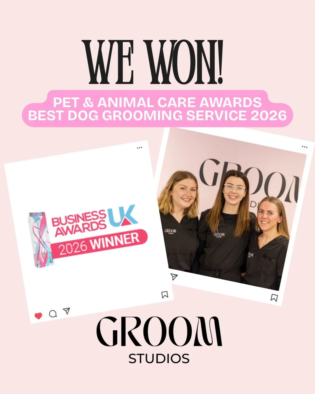 Who remembers when we shared that Groom Studios had been nominated for a business award? 🎉

Well&hellip; we&rsquo;ve got some exciting news to share&hellip;
We won! 🏆🐾

Groom Studios has been awarded Best Dog Grooming Service 2026 within the Pet &