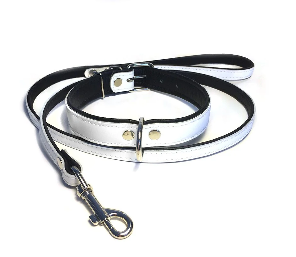 Chic Flat White Leather Collar and Lead Set