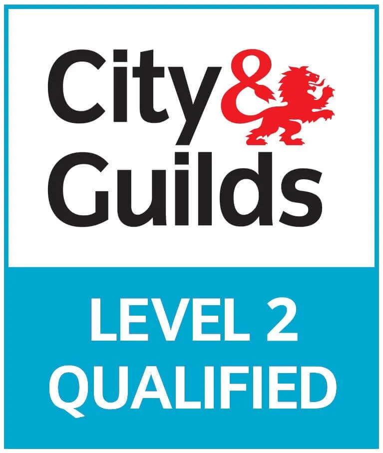 City & Guilds Level 2 Qualified certificate with a blue and white design, featuring a red lion and black text.