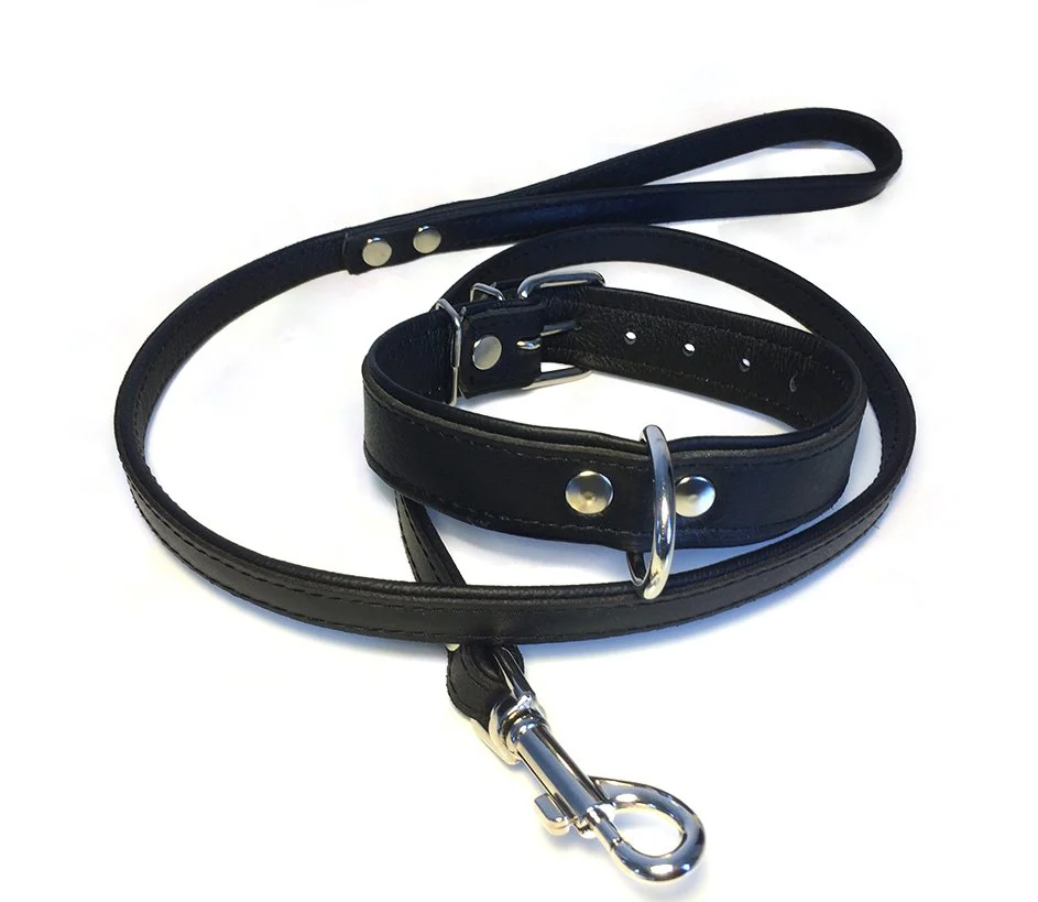 Black Chic Flat Leather Collar and Lead Set