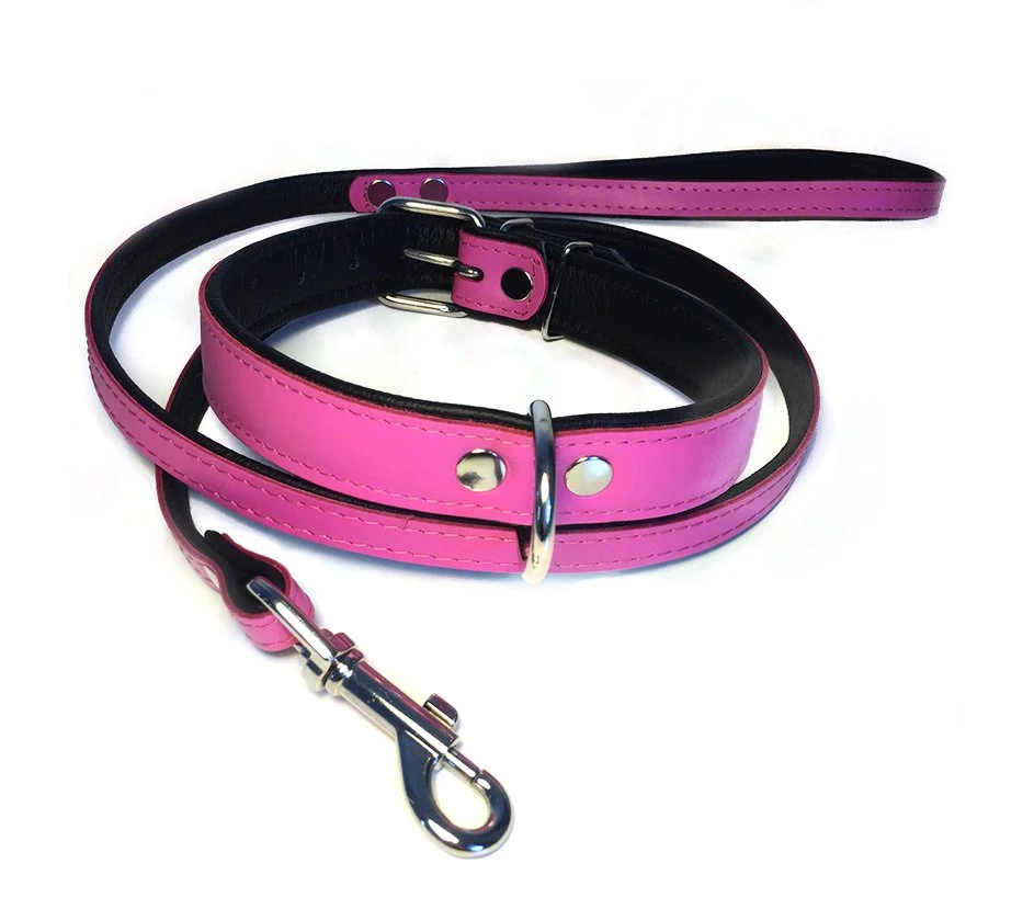 Pink Chic Flat Leather Dog Collar and Lead Set