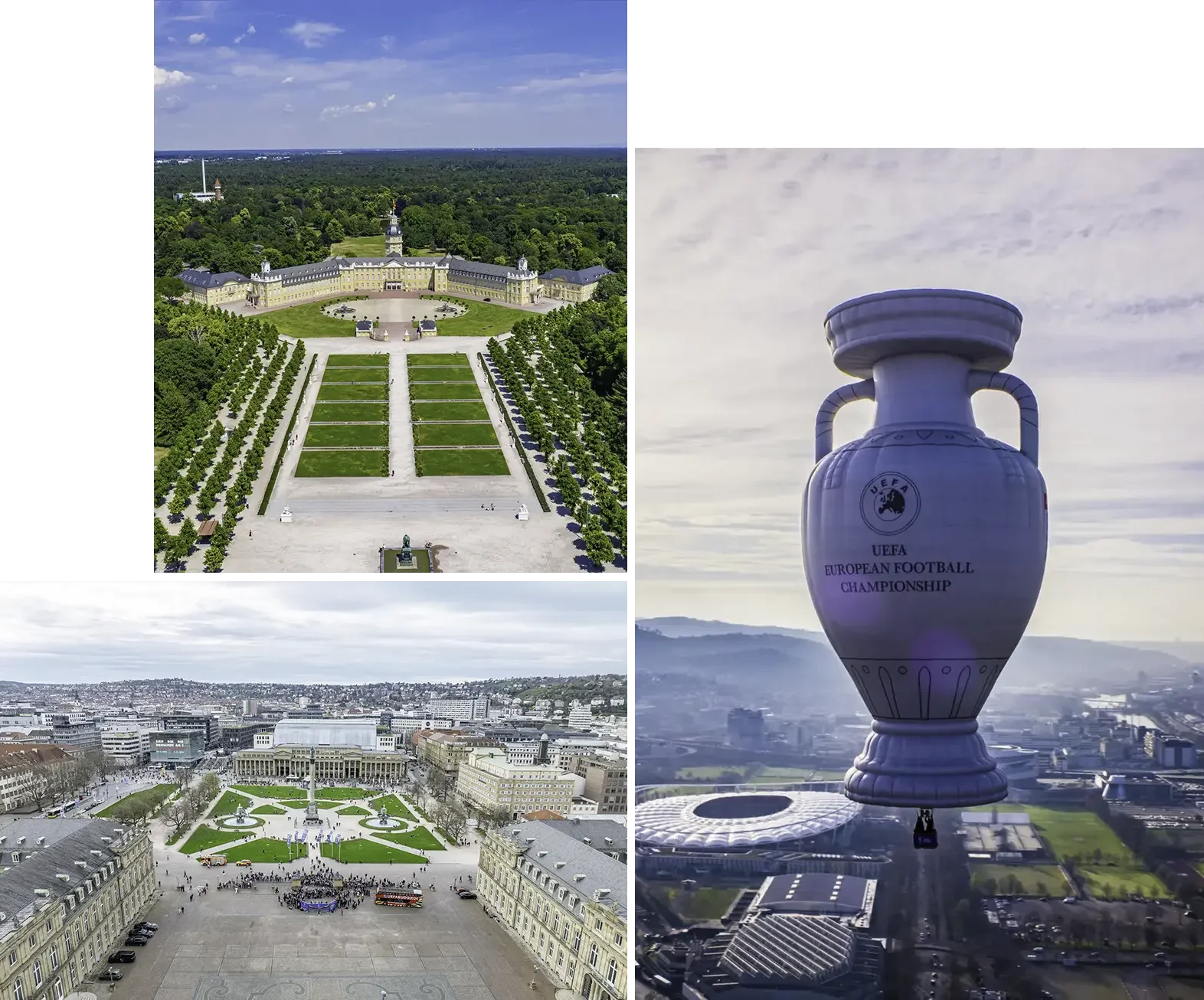 Titelbild Collage Neues Schloss Stuttgart, Schlossplatz, Uefa Ballon und Karlsruhe