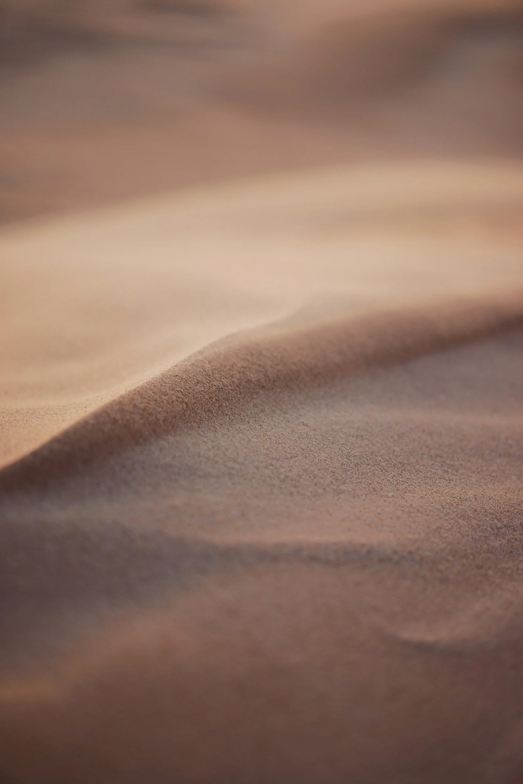 Close-up of smooth, tan and light brown sand dunes with gentle curves.