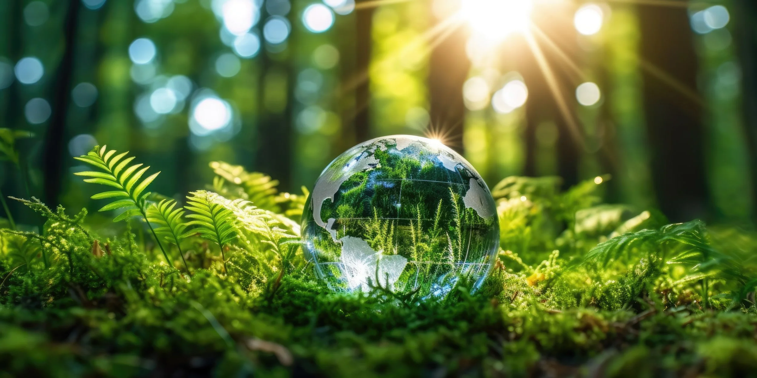 森の中に置かれた地球儀と緑の植物、背後に日差しが差し込む風景