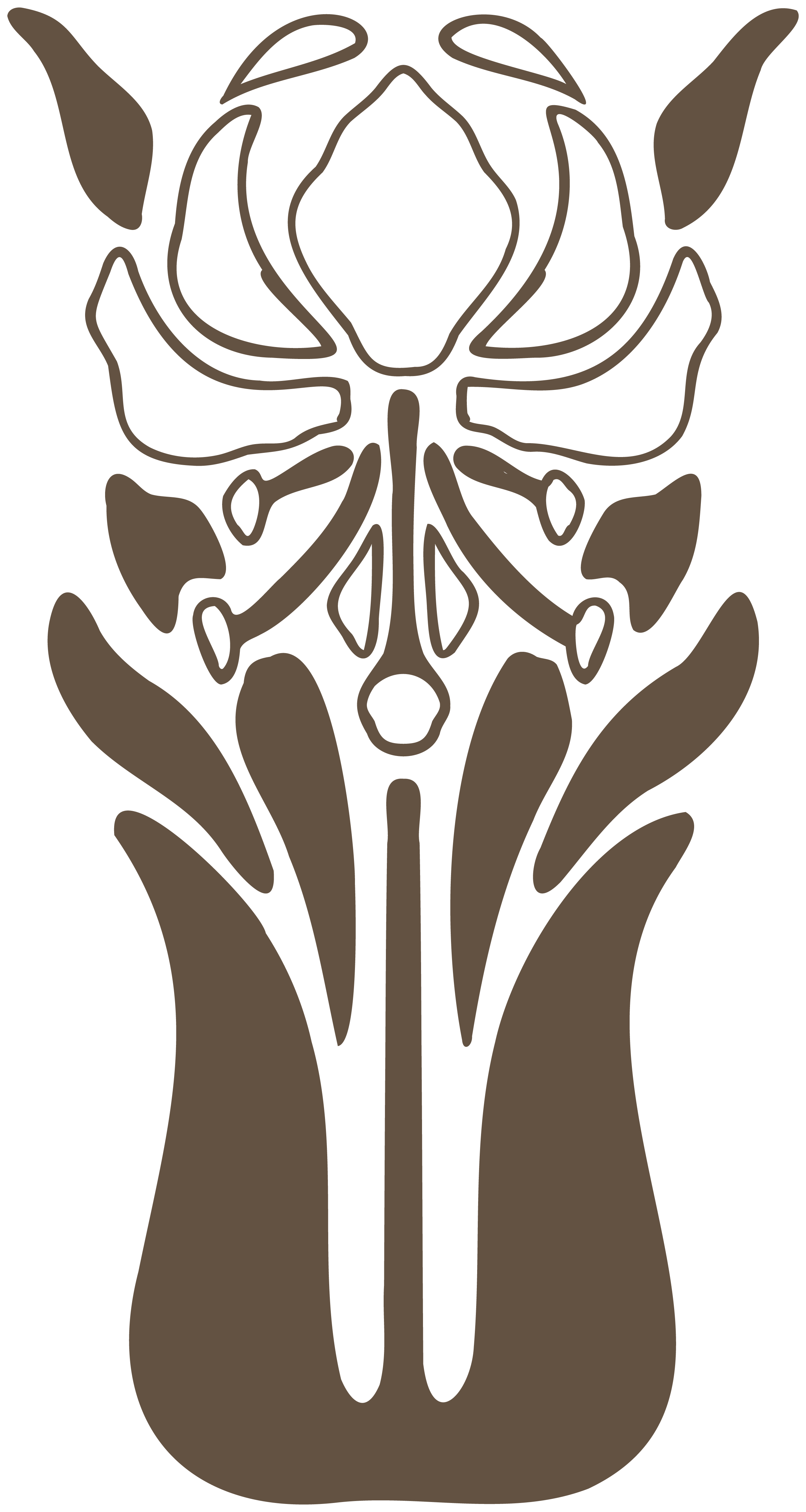 A minimalist line drawing of male genital anatomy in brown color on a black background.