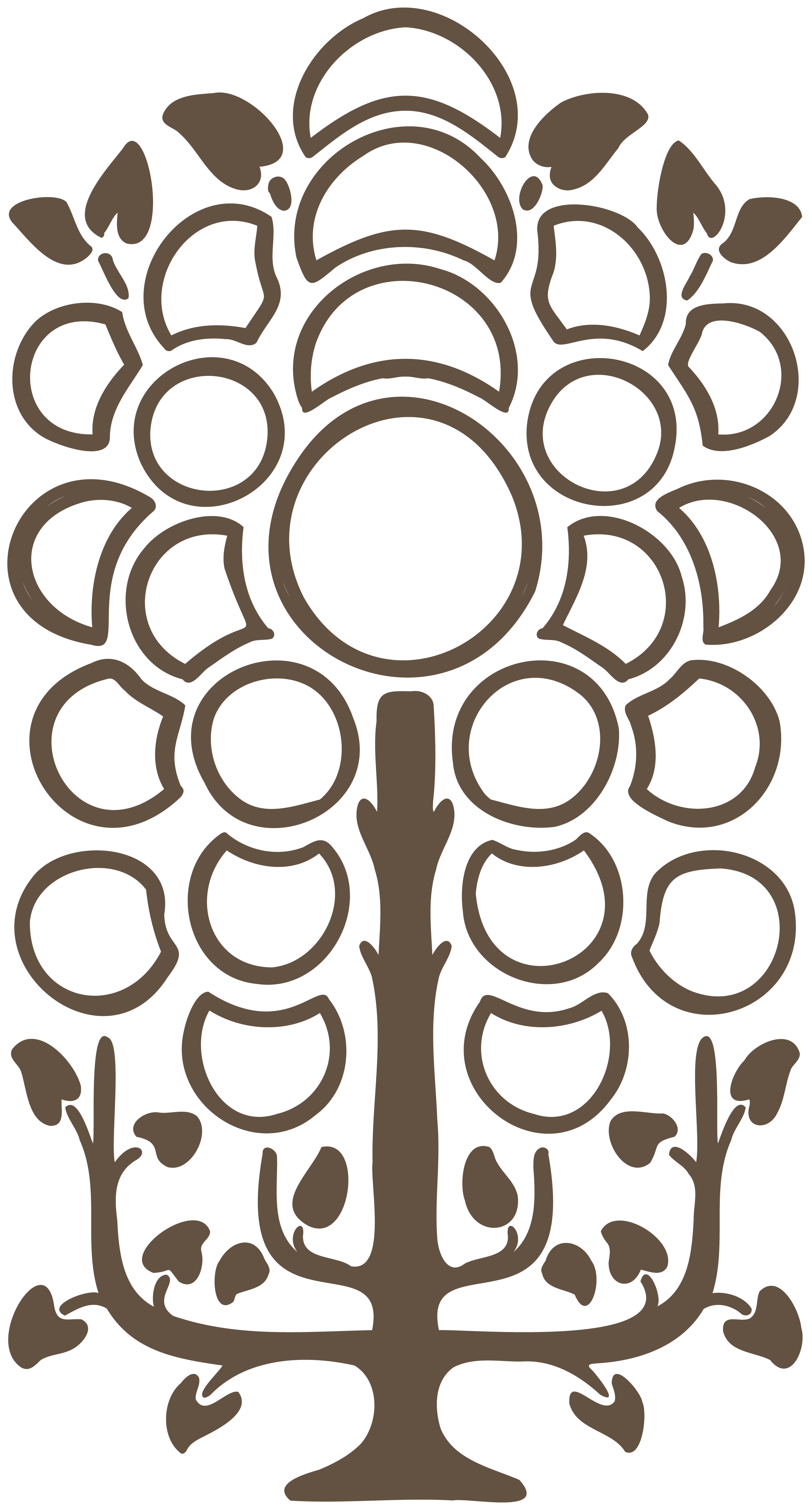 Illustration of a stylized tree with round canopies and intricate trunk and branches, depicted in a dark color against a black background.