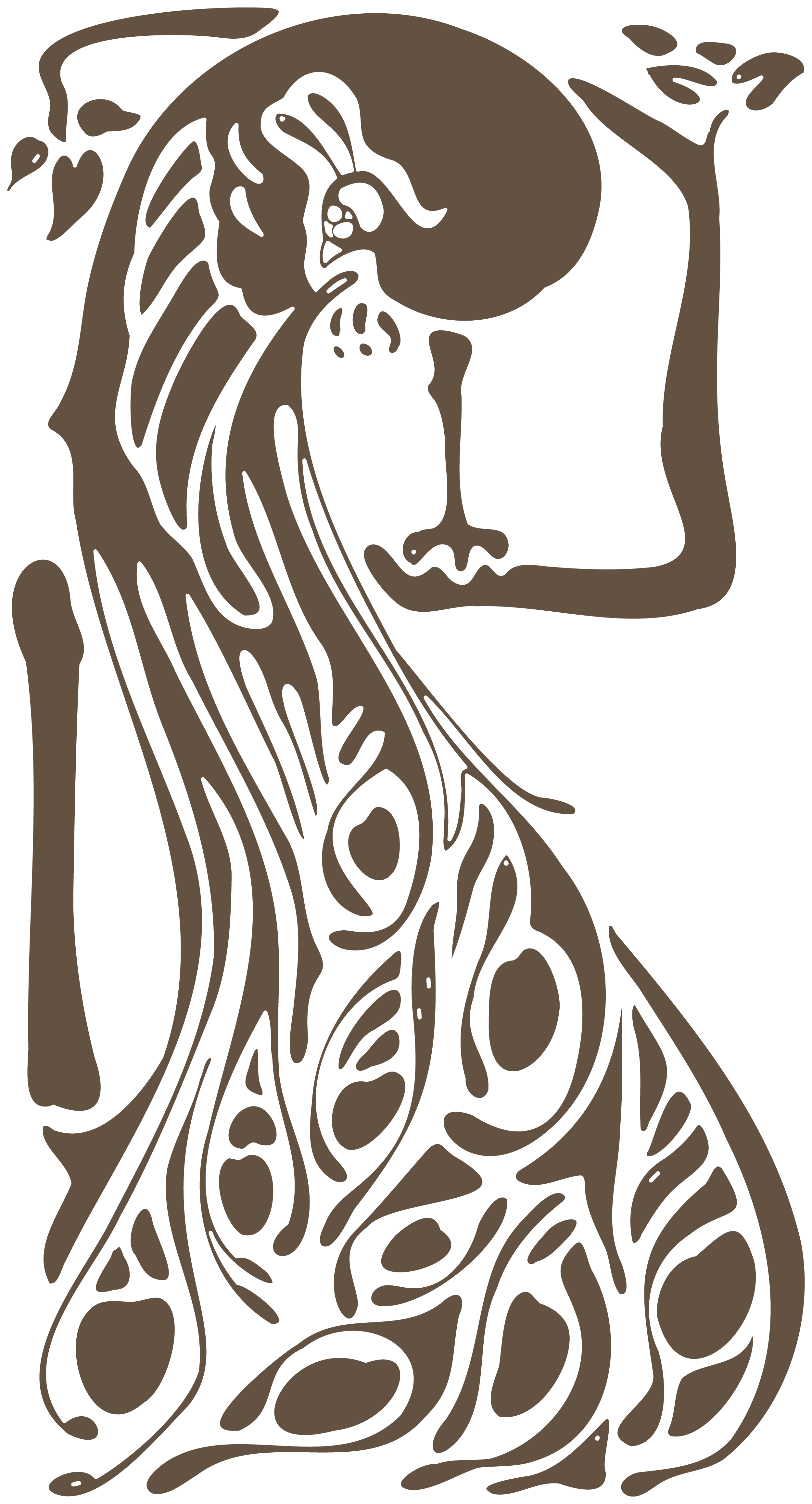 Stylized black and brown line art of a woman with long flowing hair, shown in profile.