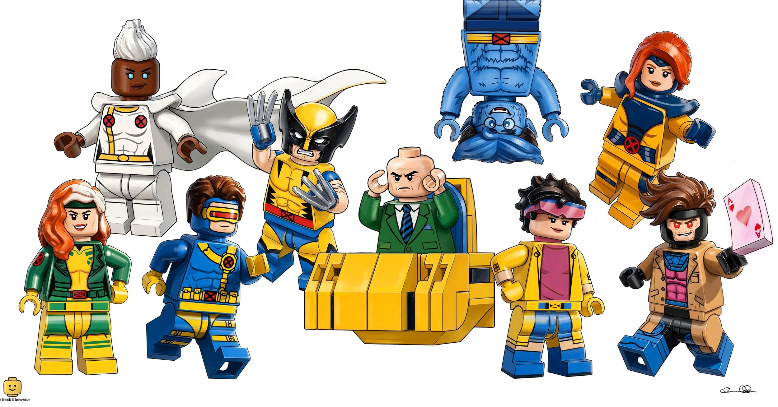 To me, my X-Men!

What started with Wolverine has grown into a complete classic X-Men lineup.

From Wolverine, Cyclops, Jean Grey, Rogue, Gambit, Beast, Jubilee, Storm, and finally Professor X, every illustration has been reimagined as a minifigure.
