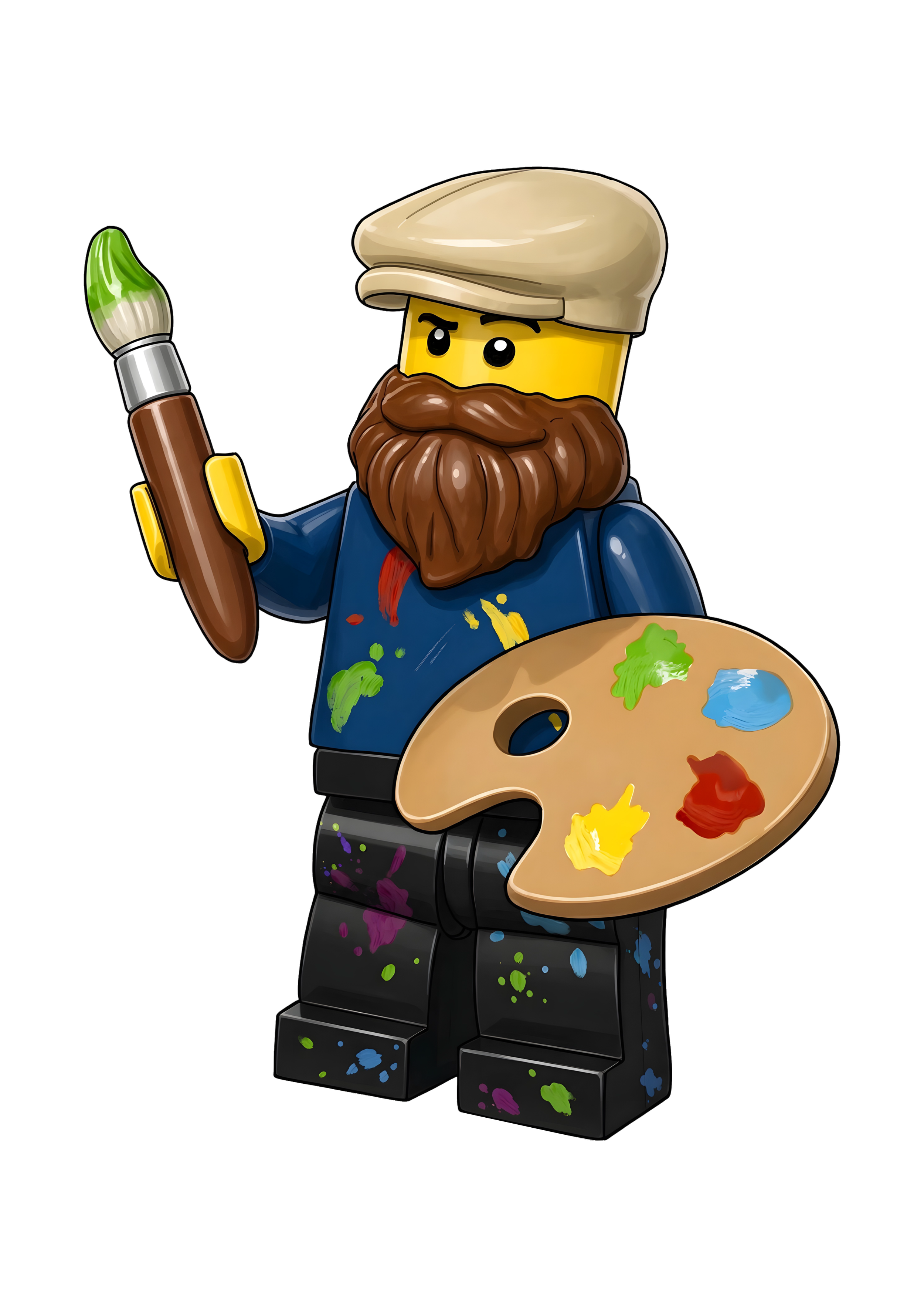 Lego figure of a painter with a beard, wearing a beige cap and a blue smock with paint splatters, holding a paintbrush with green paint, standing in front of an artist's palette with various colors of paint.
