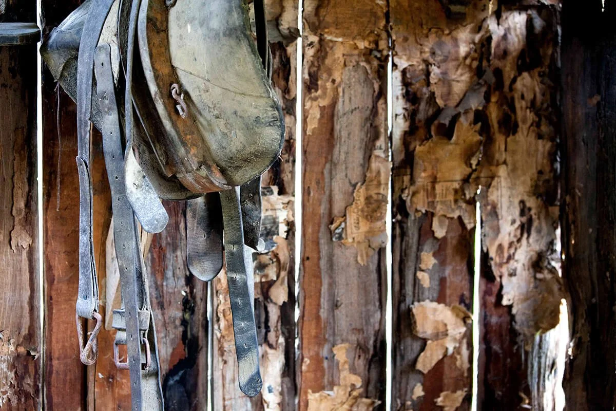 An old, weathered horse collar hanging on a rustic wooden wall.