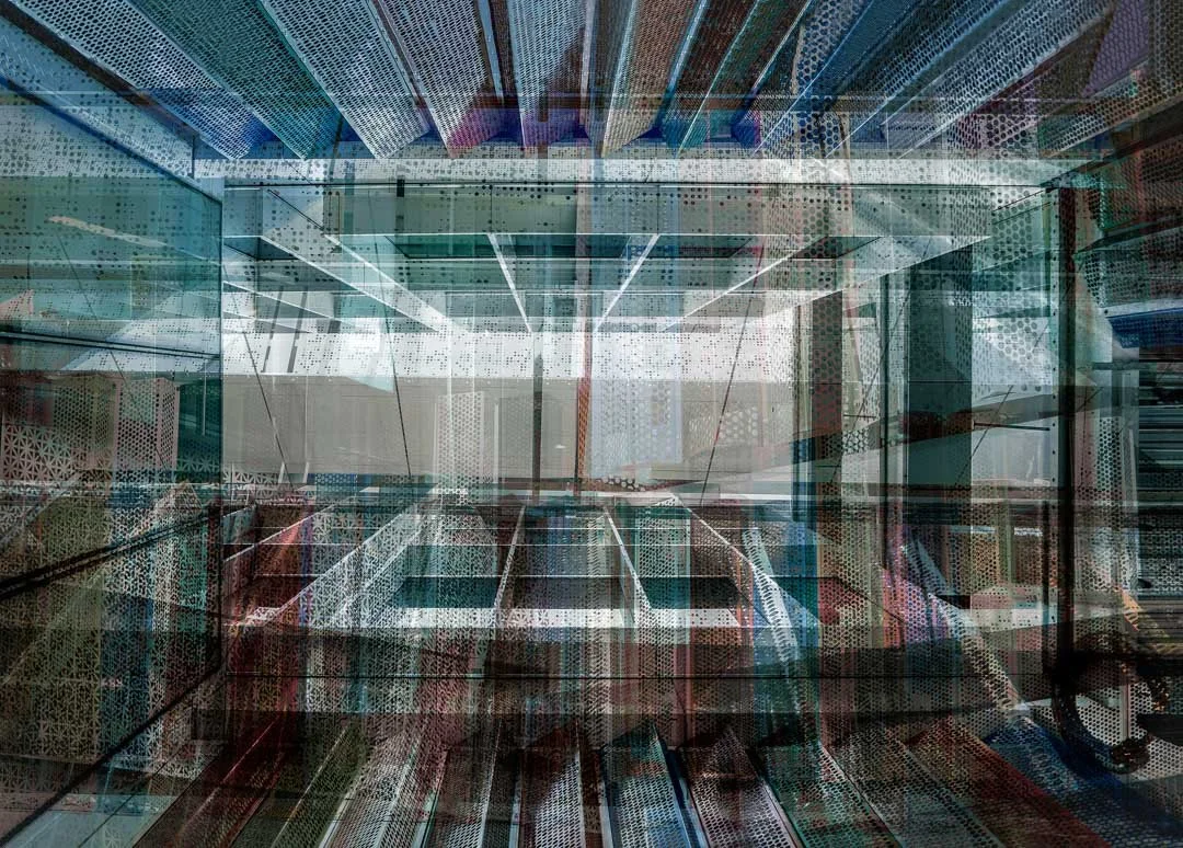 Abstract digital artwork of a futuristic cityscape with overlapping glass buildings and structural lines.