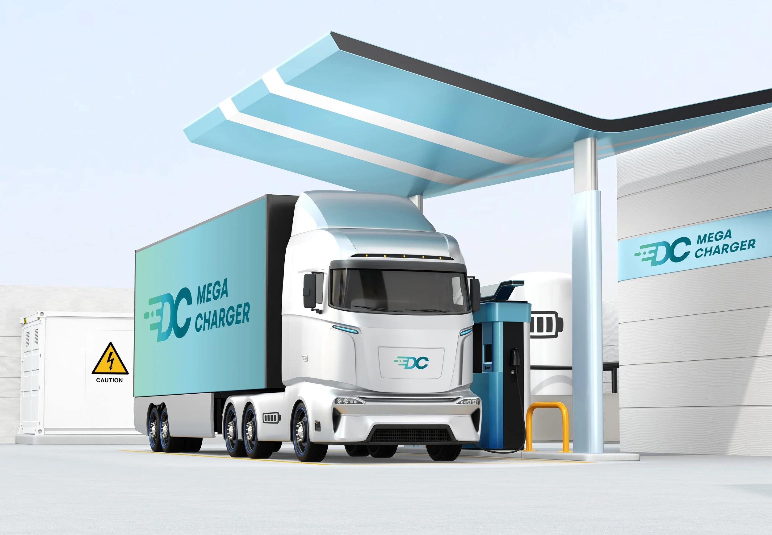 Visual of a truck with DC Megacharger logos on the hood and on sides of the trailer, which is charged at an electric charging station.
