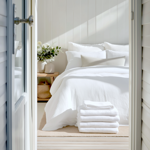 A neatly made bed with white linens and pillows in a bright, airy room. A stack of folded white towels is at the foot of the bed, and a nightstand with a vase of white flowers is beside it.