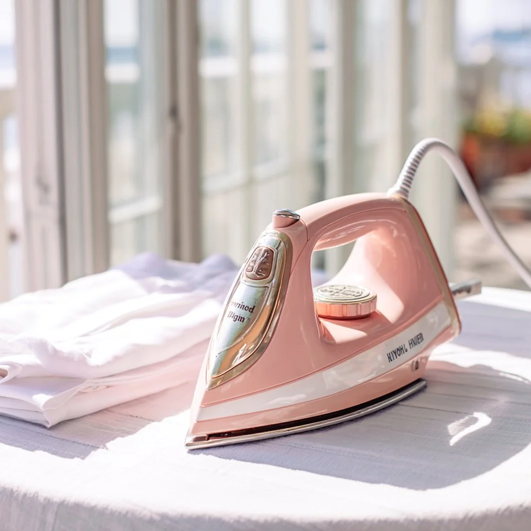 A pink electric iron resting on a white cloth, with folded white clothes nearby, on a table near large windows.