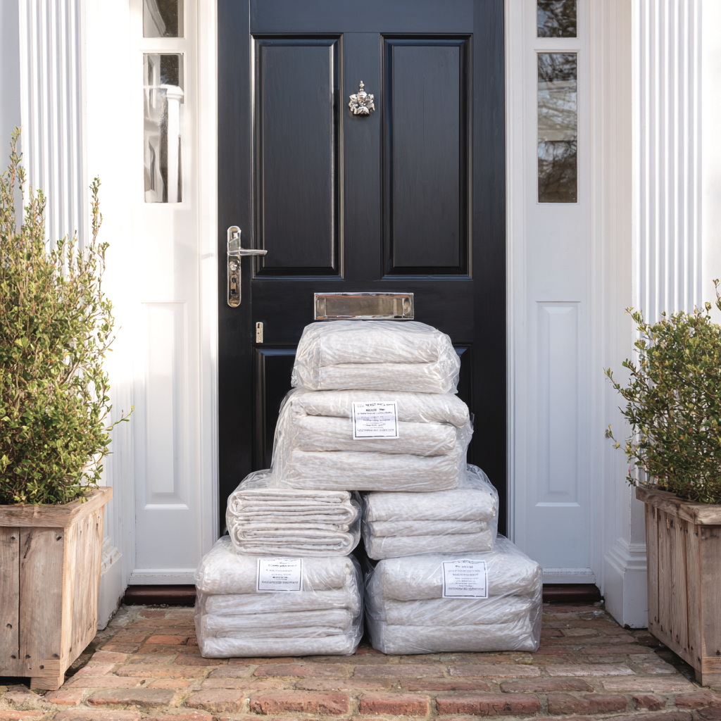 Bags of bedding stacked outside a house in front of a black door with a mail slot, flanked by potted plants.