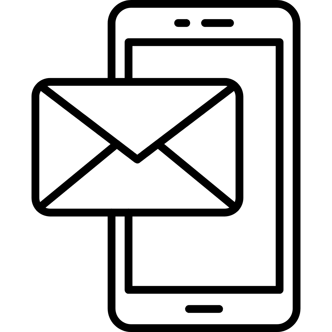 Black-and-white outline illustration of a mobile phone and mail icon