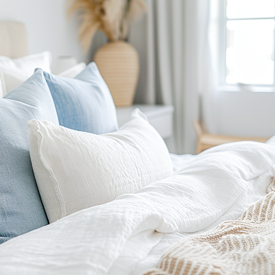 A neatly made bed with white and blue pillows in a bright bedroom with a vase of dried plants and a window with white curtains.