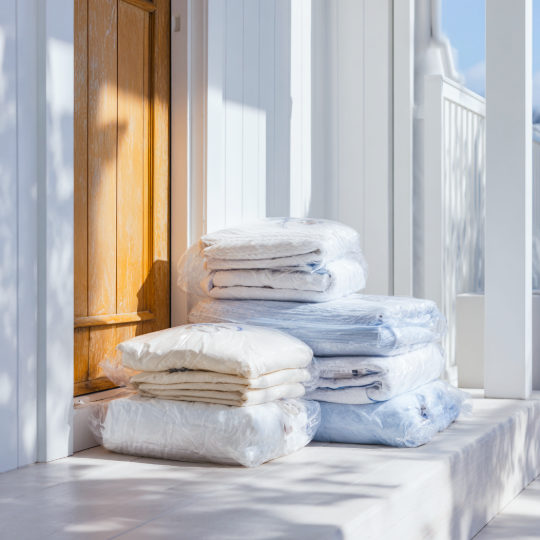 Stacked bundles of bedding or linens wrapped in plastic, placed in front of a black front door with side windows, flanked by two plant pots with green shrub plants.
