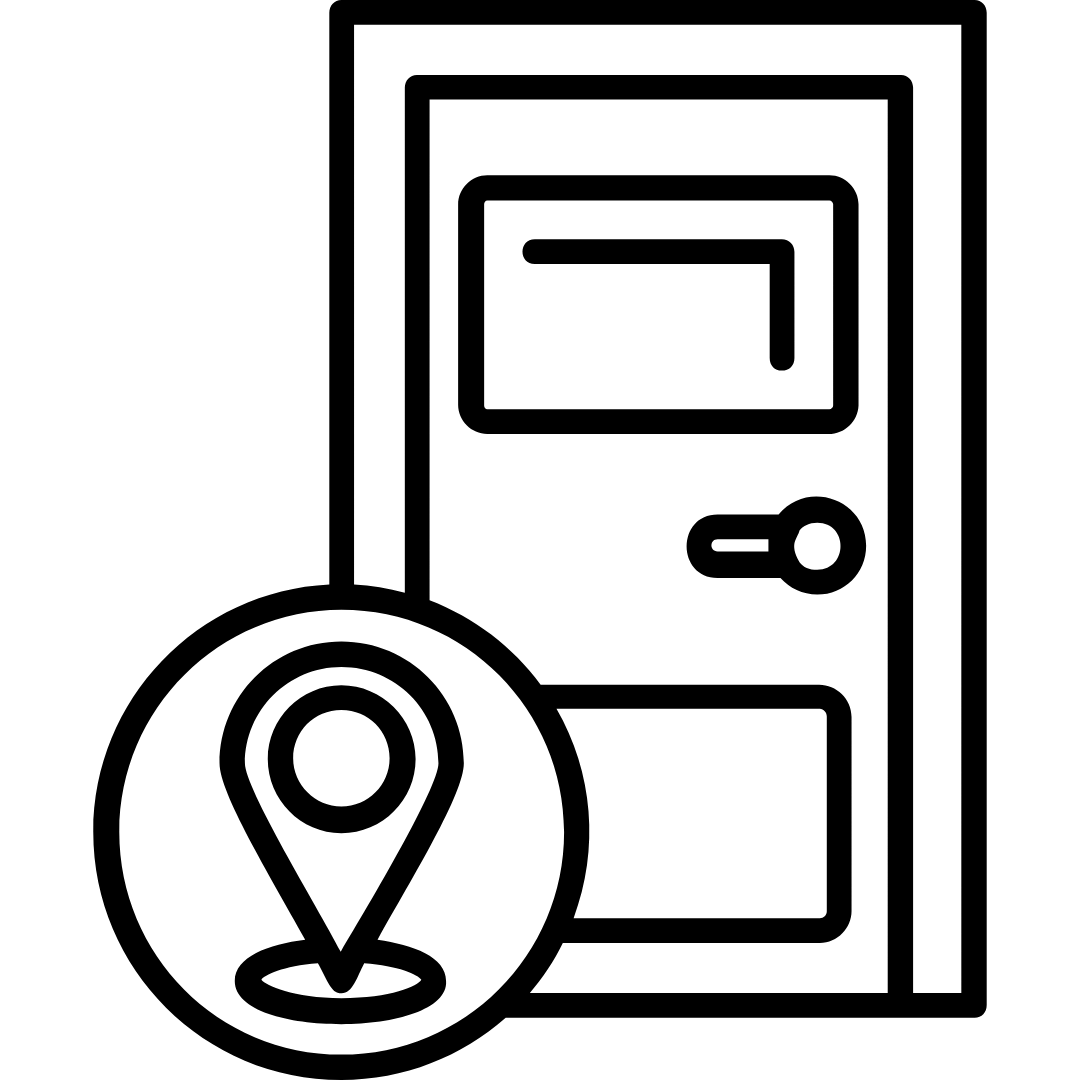 Black-and-white outline illustration of a door with a location symbol.