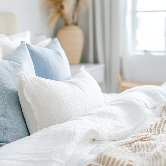 Close-up of a neatly made bed with white and light blue pillows in a bright bedroom with a window and decorative vase in the background.