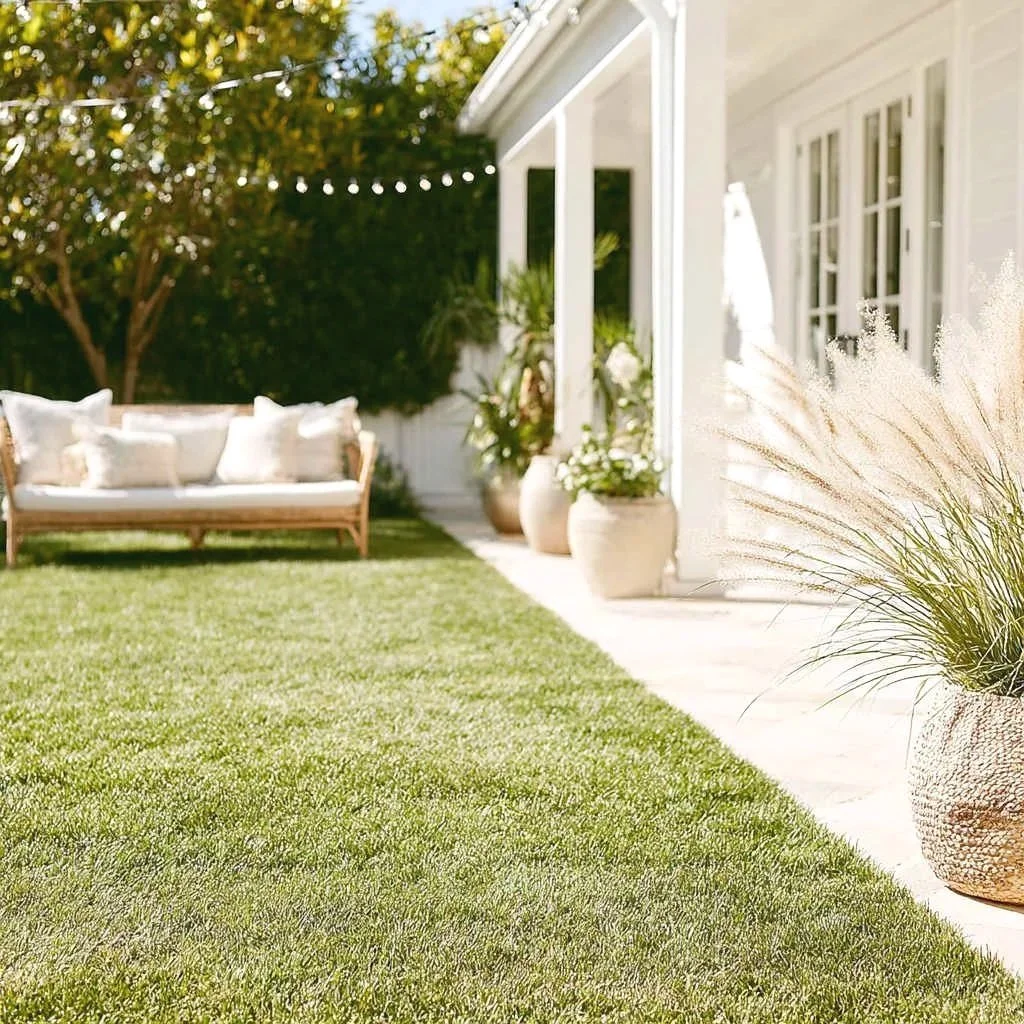 A backyard patio area with a grassy lawn, outdoor seating with cushions, and potted plants next to a white house with large windows.