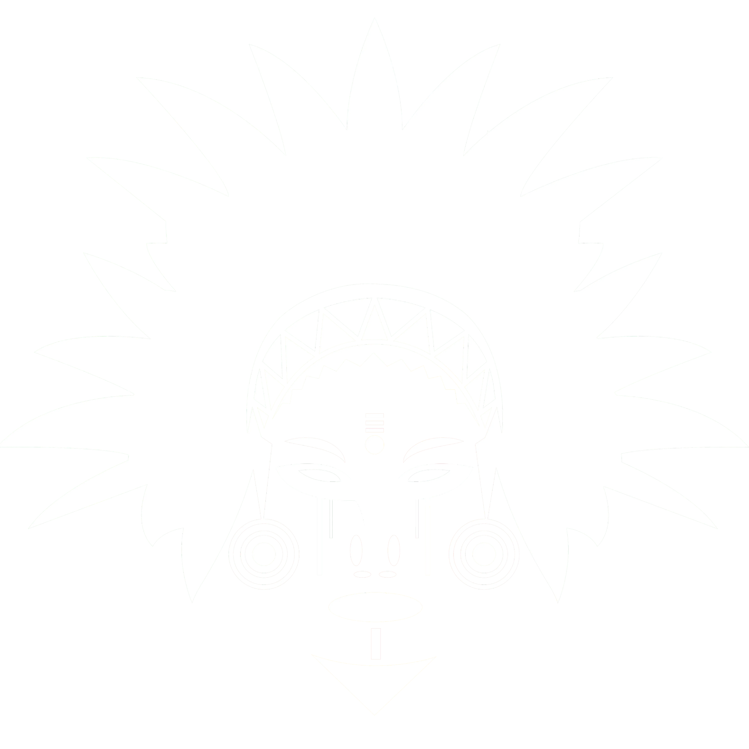 Schwarze und weiße Illustration eines maskenartigen Gesichts mit großen äußeren Federschmuck und kunstvollen Mustern.