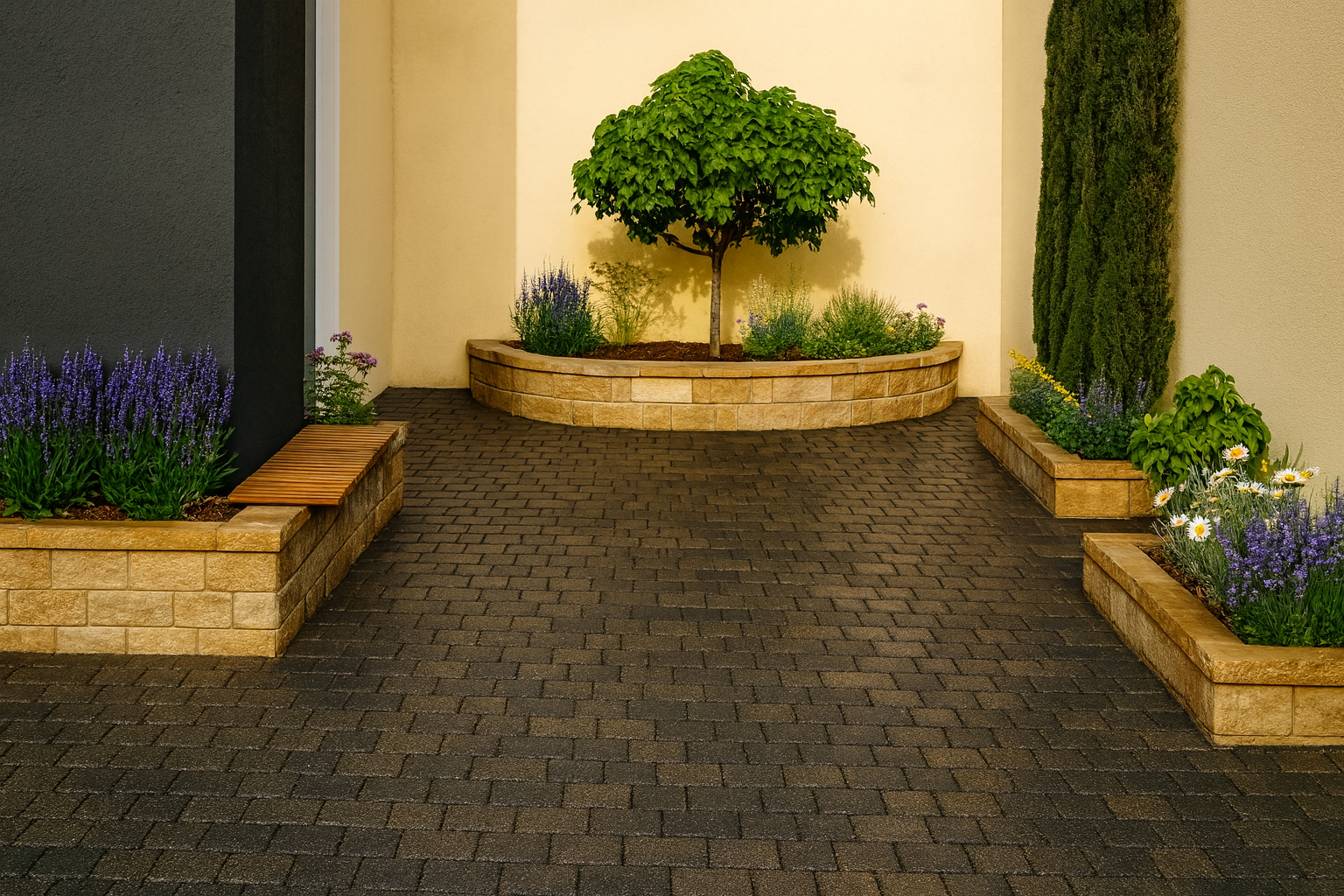 3D rendering von einer gepflegten Begrünung eines Innenhofs mit Zierpflanzen, einer kleinen Baum in der Mitte, umgeben von Blumenbeeten und einer gepflasterten Fläche.