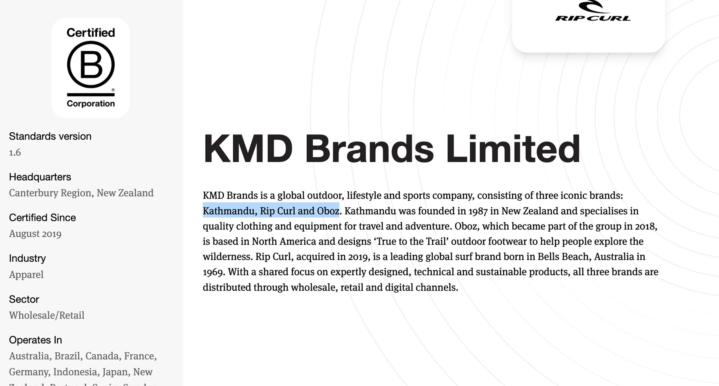 V1.6 B Corp profile showing brands listed in the description