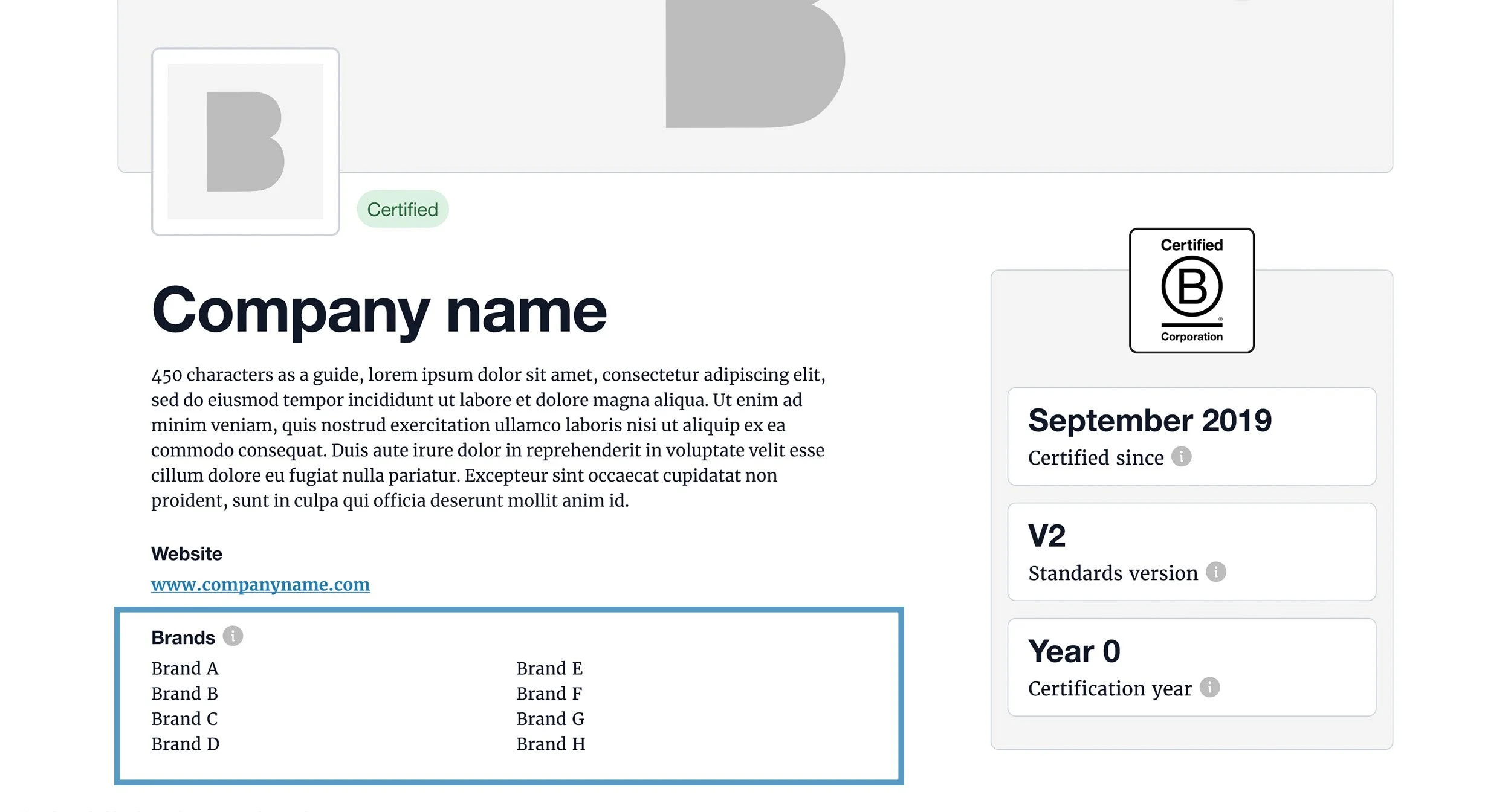 V2 B Corp Profile showing brands listed in the Brands section